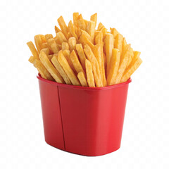 abstract 3d crispy French fries in striped container or red bucket isolated on white background