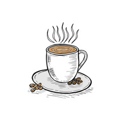 Hand-drawn doodle cartoon of a cup of coffee, coffee beans, and a saucer.