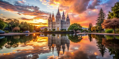Fototapeta premium Salt Lake City Temple Reflection in Calm Pond, Utah, USA - Stock Photo