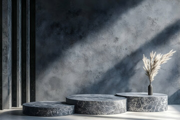 A minimal scene with three stone podiums for product displays, surrounded by space for branding or marketing messaging.