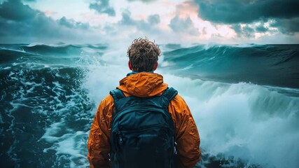 Back view of a person wearing an orange jacket and black backpack, facing turbulent ocean waves and a cloudy sky, evoking a sense of adventure and challenge against the powerful sea