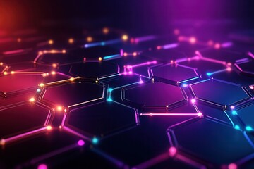 Obraz premium Abstract Interlocking Hexagonal Shapes with Glowing Lights on a Dark Background Creating a Futuristic and Technological Aesthetic