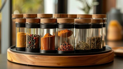 A stylish rotating spice rack with glass jars, each featuring a sleek metal lid. The compact design blends practicality with modern appeal.