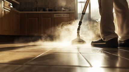 Fototapeta premium Person steam cleaning tiled kitchen floor.