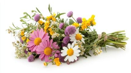 Vibrant Assortment of Fresh Wildflowers in a Natural Bouquet Featuring Daisies, Purple Flowers, and Yellow Blossoms on a White Background