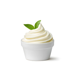 Mayonnaise or sour cream in small white round bowl, ramekin isolated on white