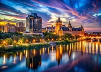 Fototapeta premium Saskatoon City Center Night Long Exposure Photography - Vibrant Cityscape