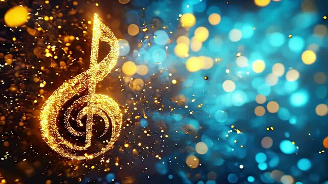 Treble clef note made of golden glittering particles on dark background with bokeh. Animated music background