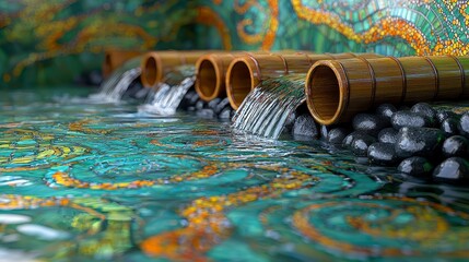 Serene water feature with bamboo pipes flowing into a mosaic-tiled pool.