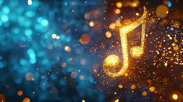 Golden musical note on dark background with golden particles. Animated music background