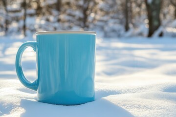 A Bright Blue Mug Sitting in a Snowy Outdoor Landscape Surrounded by a Winter Wonderland, Perfect for Capturing the Essence of Cozy Moments and Chill Vibes