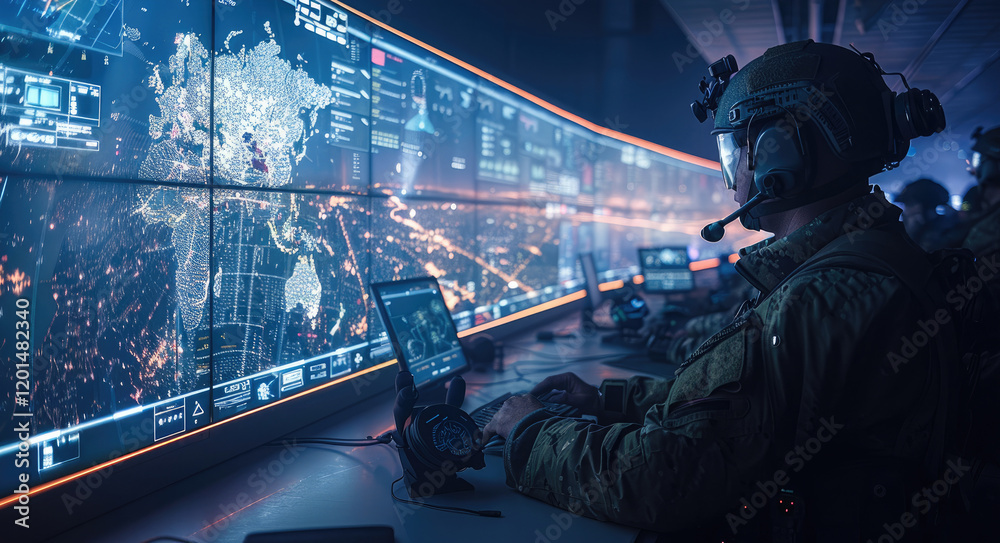 Poster the operators with headgear, goggles sitting at control booths, incredibly detailed screens with map