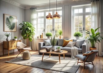 Fototapeta premium Scandinavian Minimalist Interior Design: Cozy Living Room with Natural Light