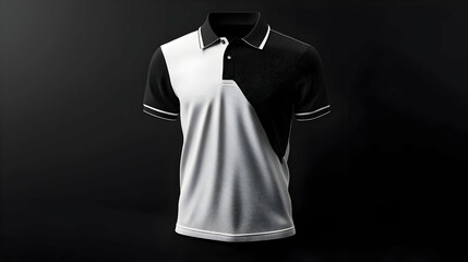 A minimalist black and white polo shirt displayed in a neutral setting, perfect for logo and design placement on the front.