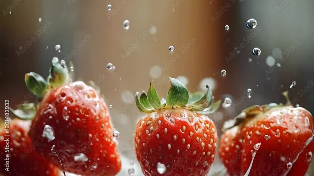 Poster Fresh strawberries burst through the surface of clear water, creating dynamic splashes and bubbles. The vivid red fruit contrasts beautifully with the transparent liquid, engaging the senses.
