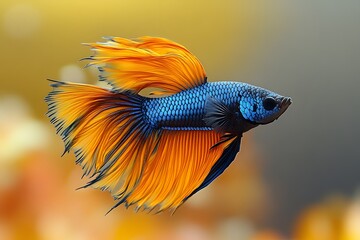 Fototapeta premium Vibrant Blue and Orange Betta Fish on Soft Focus Background for Aquatic Designs