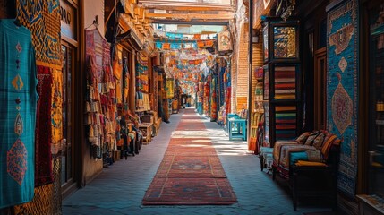 Naklejka premium A vibrant marketplace filled with colorful fabrics and intricate patterns. The narrow alley leads to unique shops and local craftsmanship. Discover the art of tradition. Generative AI