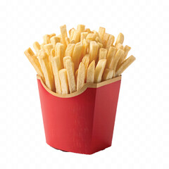 abstract 3d crispy French fries in striped container or red bucket isolated on white background