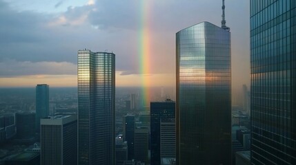 Obraz premium Rainbow over cityscape at sunset, high-rise buildings reflecting light.