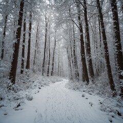 A snowy path through an empty white forest.