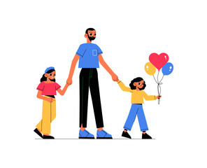 Father Walking With Daughters Holding Balloons In Flat Vector Illustration Symbolizing Family Bond, Fun, And Outdoor Activity, Isolated On White Background