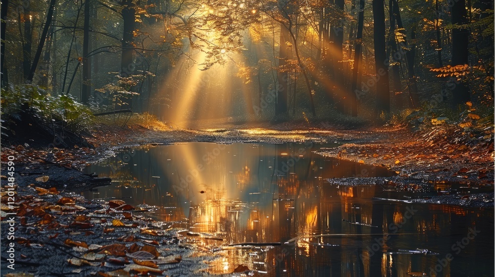 Poster A path in the forest in autumn crossed by rays of light. Reflections in the water. Dense forest.