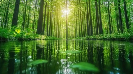 Fototapeta premium Sunlit forest stream, lush green canopy, tranquil nature scene, ideal for eco-tourism