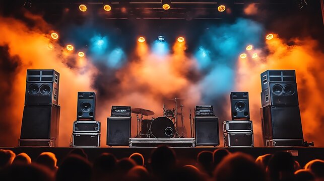 Concert Stage Setup With Speakers And Drums