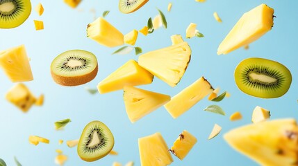 Obraz premium Fresh pineapple and kiwi slices levitating against a light blue background.