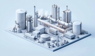 detailed 3D rendering of complex industrial refinery setup featuring various cylindrical structures and pipelines, showcasing modern design. scene is set against light blue background, emphasizing