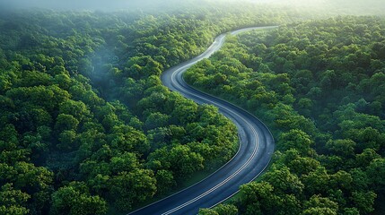 Fototapeta premium Winding road through lush green forest.