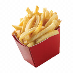 abstract 3d crispy French fries in striped container or red bucket isolated on white background