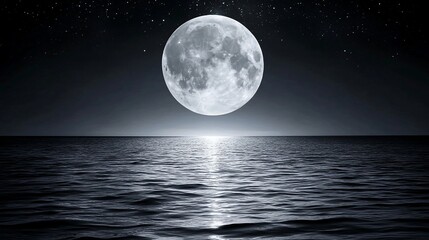 Full moon over calm ocean at night with stars.
