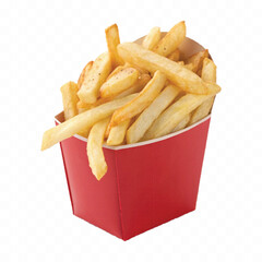 abstract 3d crispy French fries in striped container or red bucket isolated on white background