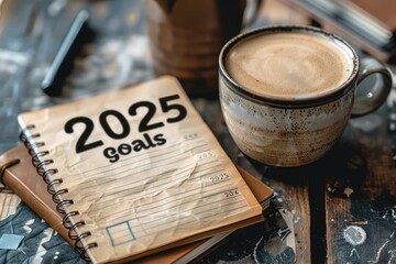 A notepad with the words "2025 goals" on it next to a coffee cup, in a minimalistic style.