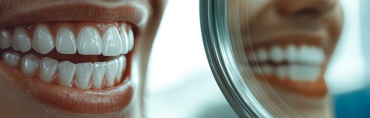 Obraz premium Close-up handsome male face reflected in mirror, close-up view of shining teeth in front of mirror, dental care concept