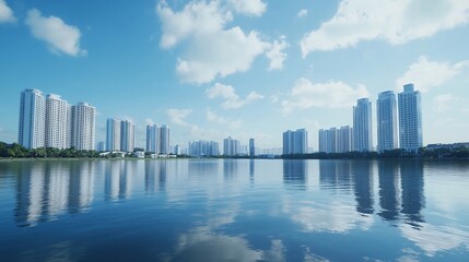 Obraz premium Calm lake reflecting modern cityscape under a bright blue sky with fluffy clouds.