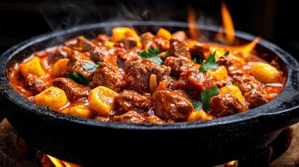 Fototapeta premium A sizzling dish of tender meat and vegetables in a rich sauce, served in a traditional stone pot, exuding warmth and flavor.