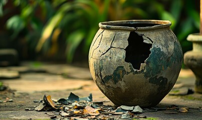 Broken pot with a hole in it. The pot is old and has been broken. The broken pieces of the pot are scattered on the ground