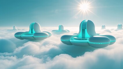 Futuristic floating vehicles soar above clouds under bright sun in a clear blue sky