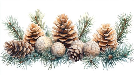 Fototapeta premium Watercolor Painting of Pinecones and Pine Branches. Generative AI