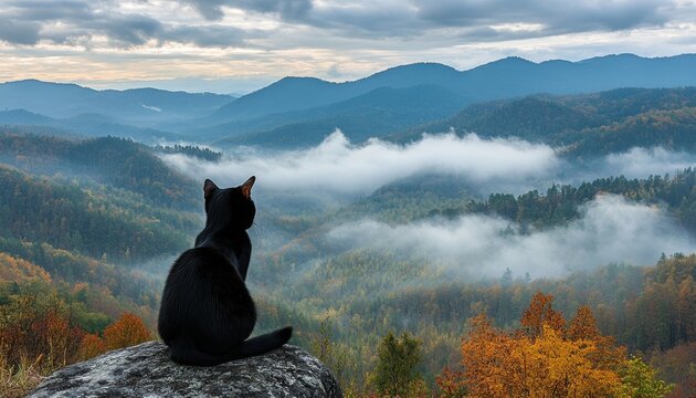 Stunning autumn mountainscape with misty clouds and lush forest in award winning photography style