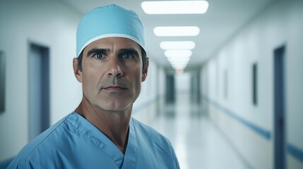 Surgeon in blue scrubs stands in a hospital corridor, focusing on his next operation while contemplating the challenges ahead