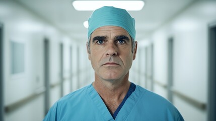 Surgical professional in scrubs prepares for a critical procedure in a modern hospital corridor during the day