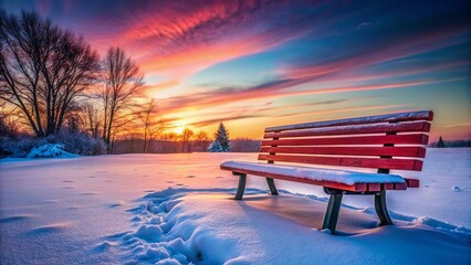 Serene Dusk: Red Bench in Snowy Landscape - Winter Wonderland Stock Photo