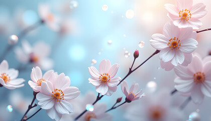 Mica floral background, delicate mica flowers with white, gray and pale blue holographic finishes, soft pastel accents, dreamy and artistic.