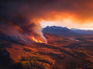 Fototapeta premium Wildfire raging through a mountainous landscape at sunset with smoke billowing into the sky