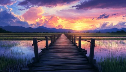 Fototapeta premium A serene sunset a wooden bridge stretching towards colorful clouds over rice fields