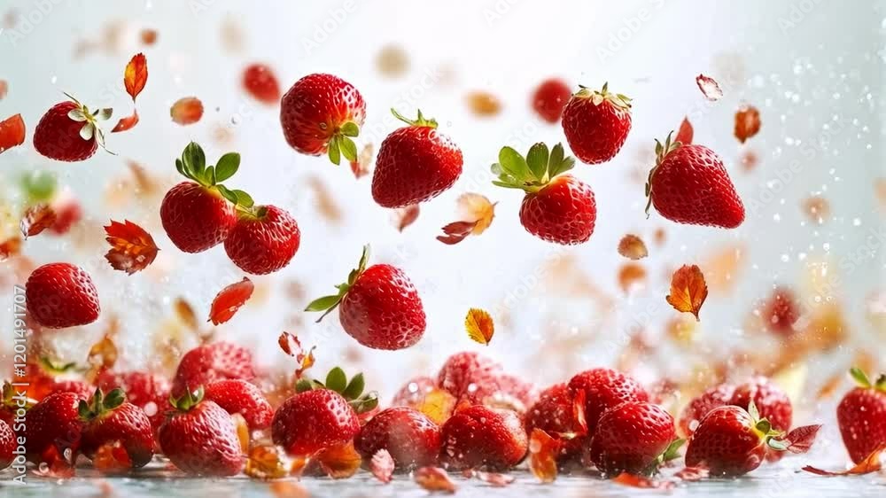 Poster fresh, ripe strawberries are in mid-air, surrounded by colorful petals and droplets, creating a dyna