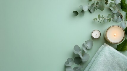 Spa background with candles, eucalyptus, and towel on green.